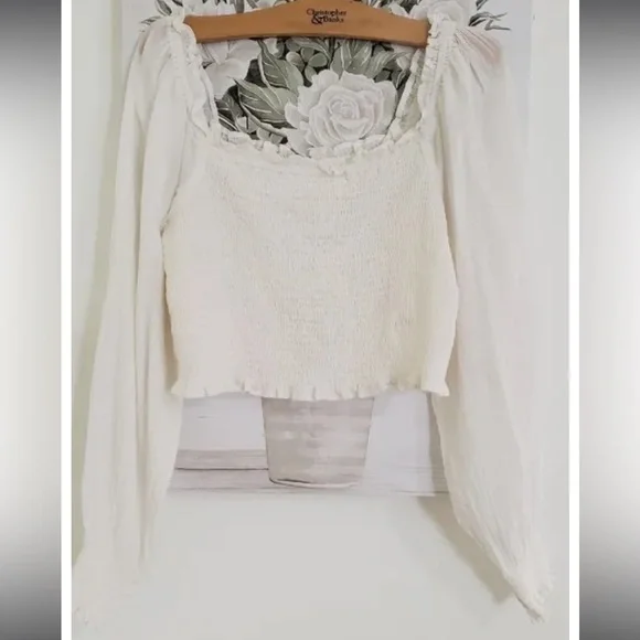 Aerie Square Neck Smocked Long Sleeve Crop Blouse White - Picture 2 of 3
